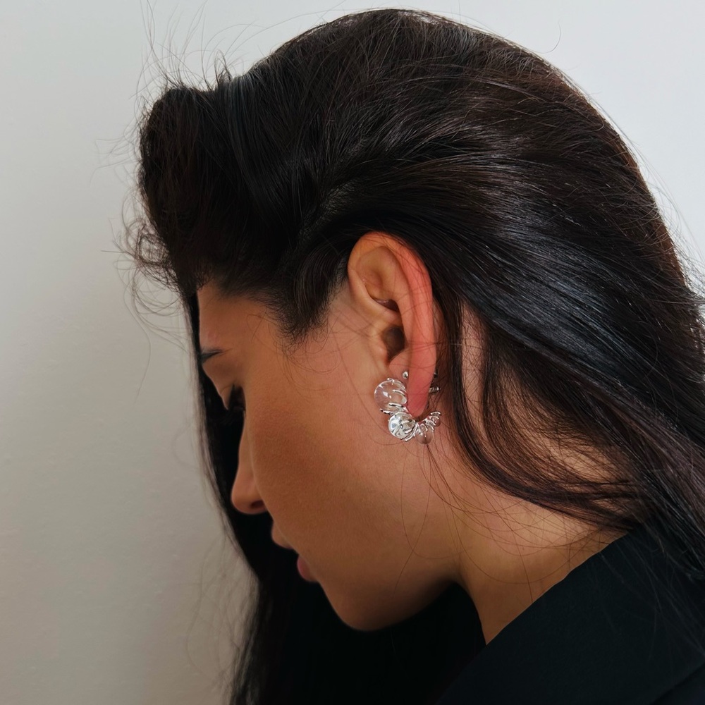 C-shaped Transparent Round Bead Earrings Silver Color